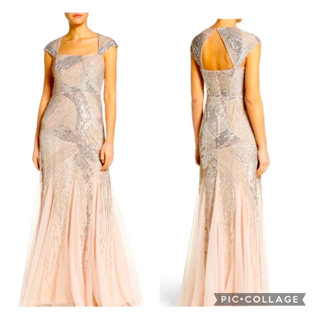 Adrianna Papell cap Sleeves beaded long gown